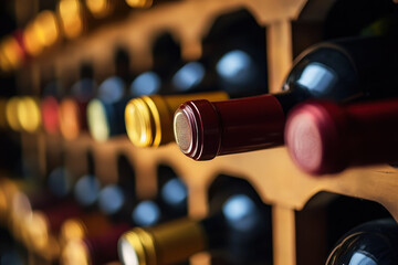 Bunch of wine bottles in a rustic wooden wine rack, background of stone bricks, creating a cozy and warm atmosphere.