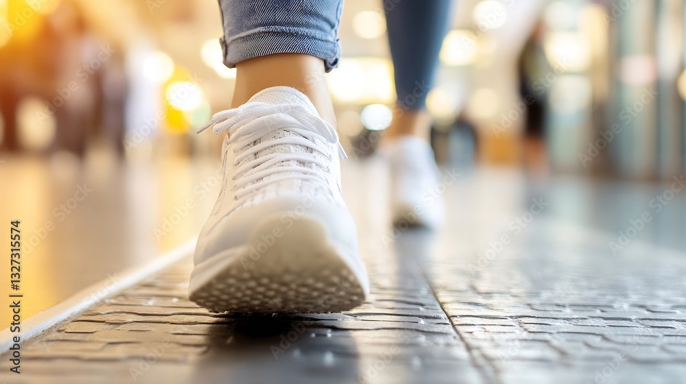 Poster person walking in stylish white sneakers on textured pavement in a bright and bustling environment :