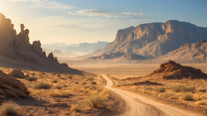 Naklejka premium A Lone Desert Road Winds Through Ancient, Sun-drenched Mountains, Inviting Exploration Under A Vast, Clear Sky With Warm Golden Light