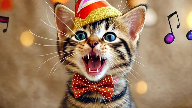 Singing Party Cat with Musical Notes