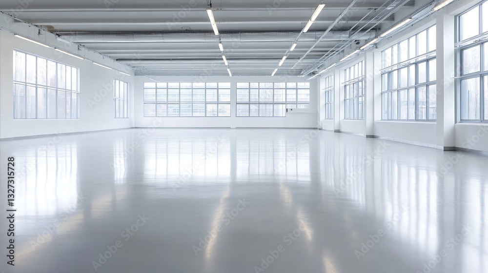 Poster Spacious empty interior of a modern office with large windows and polished flooring : Generative AI
