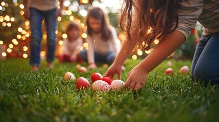 Kids gathering Easter eggs in backyard during egg hunt game, family enjoying spring holiday, hidden colourful eggs on grass, happy childhood celebration, Easter season.