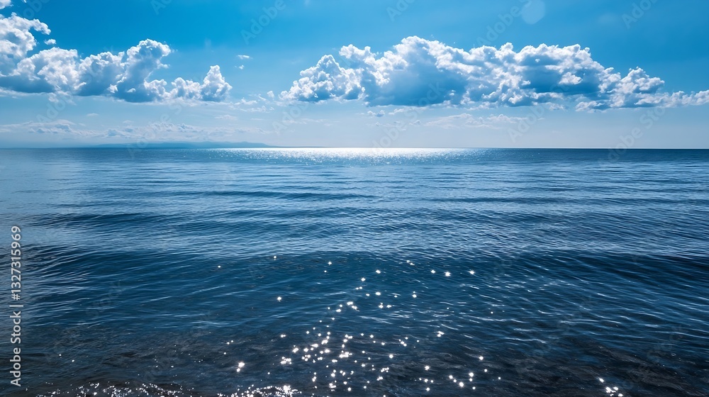 Poster glistening blue ocean under a bright sky with fluffy clouds reflecting on the water surface : genera