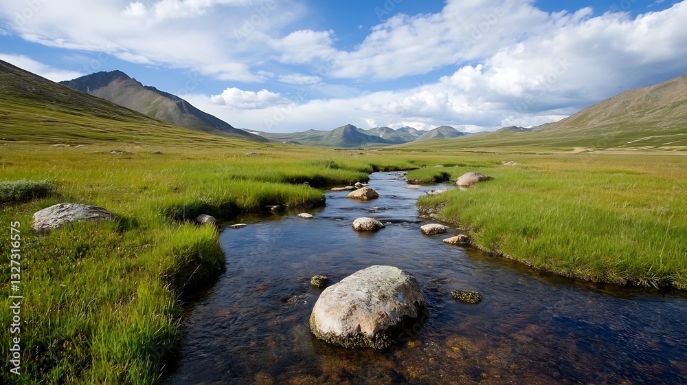 Poster Serene Landscape Featuring a Clear Stream Flowing Through Boulders in Open Field : Generative AI