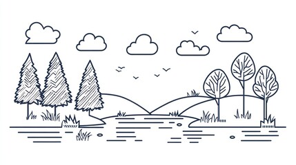 Simple line drawing of a tranquil landscape with trees, hills, a lake, and clouds