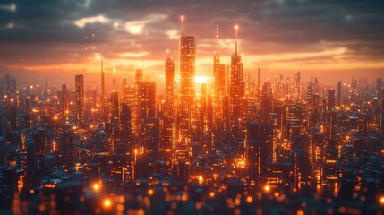 Fototapeta premium Futuristic city skyline at sunset. Possible use Stock photo for science fiction, technology, or urban design concepts