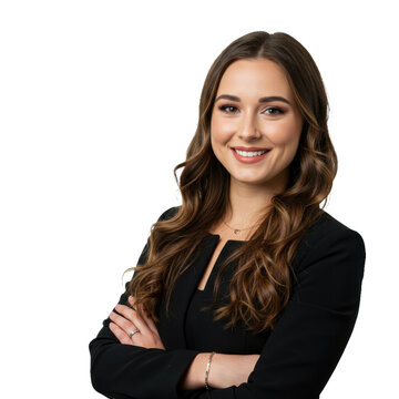 Professional headshot of young woman with long wavy brown hair warm smile and confident pose in black blazer isolated on transparent background