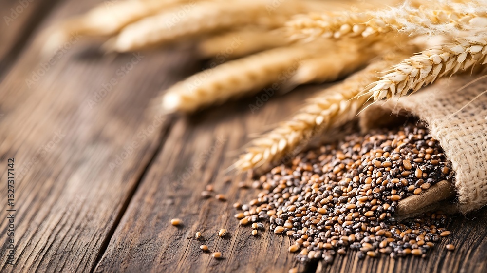 Poster natural rustic composition featuring aromatic seeds and wheat arranged on wooden table for a wholeso