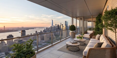 Fototapeta premium Luxurious Balcony with Cityscape Sunset View, rooftop , patio