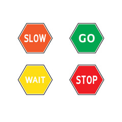 A vector image displaying four distinct types of traffic signs, showcasing various shapes and colors for road safet