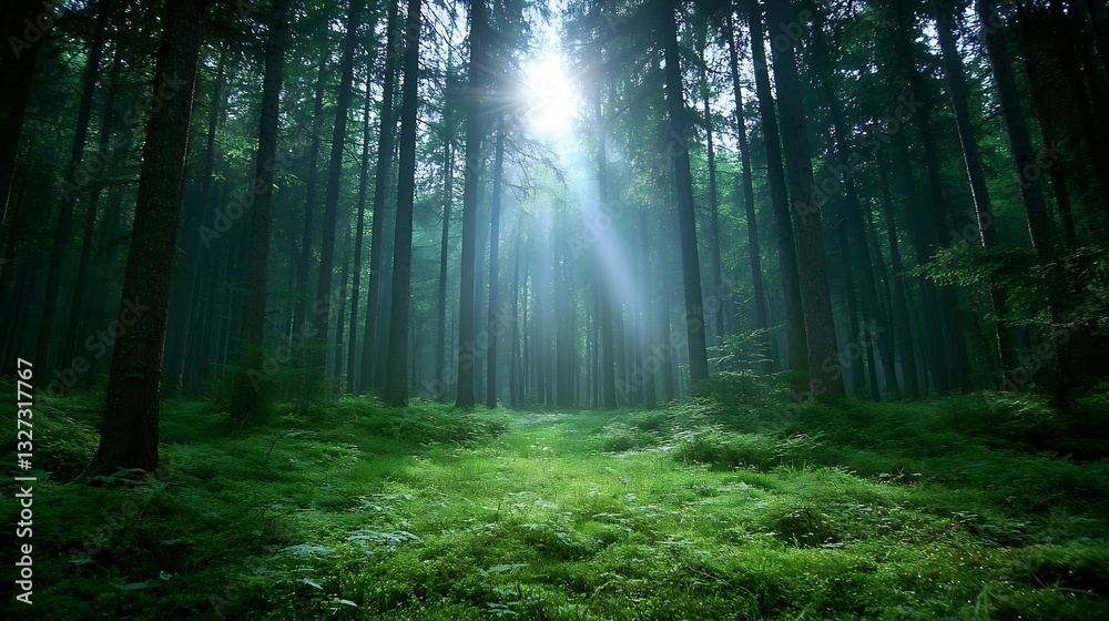 Poster enchanting view of sunlight streaming through tall trees in a serene lush green forest setting : gen