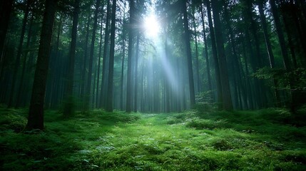 Naklejka premium Enchanting view of sunlight streaming through tall trees in a serene lush green forest setting : Generative AI