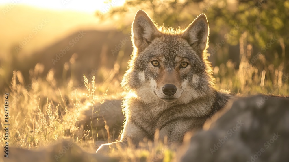 Poster majestic wild wolf resting on a rock in golden sunlight surrounded by tall grass in a serene setting