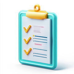 Health Insurance Icon in 3D Style, Big Clipboard with Document Checklist, Isolated on White Background.