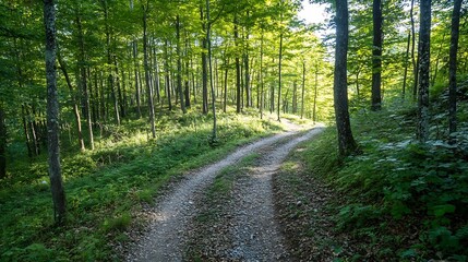 Obraz premium Serene winding path through a lush green forest inviting exploration and adventure : Generative AI