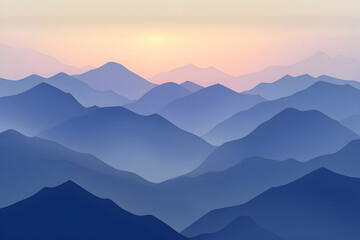 Obraz premium Layered Mountain Range Silhouette at Sunset with Soft Pastel Sky
