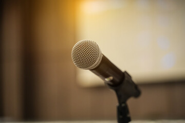 Fototapeta premium Microphone close up on stage for Organizing training seminars.