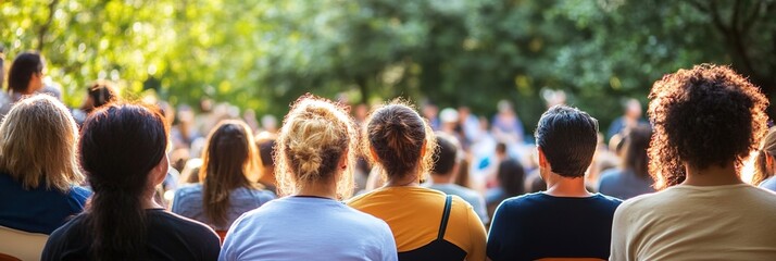A diverse group of people gathered in an outdoor setting, listening to the speaker talk about health and wellness, captured from behind with trees as a backdrop.