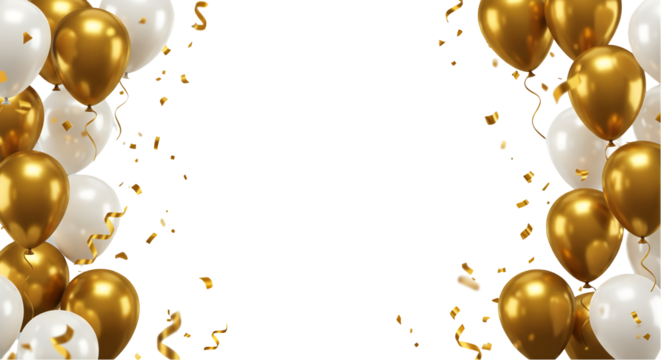 Celebrating with White and Gold Balloons and Confetti transparent background