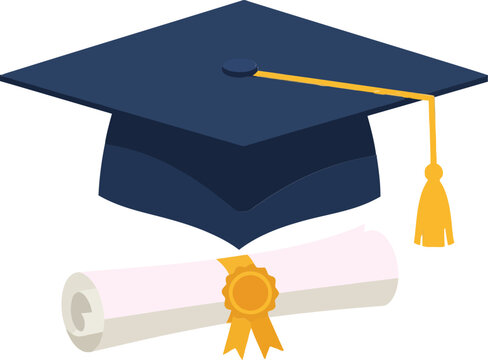 Graduation cap and diploma rolled up in a ribbon, showcasing a minimal design style in vibrant colors, ideal for educational vector art