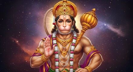 A majestic depiction of Lord Hanuman in a divine setting