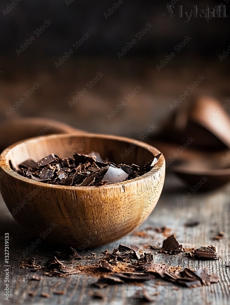 Poster rich dark chocolate chunks in rustic wooden bowl on textured table for gourmet desert ideas : genera