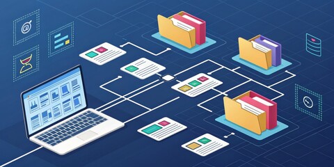 Isometric Data Flow Laptop, Folders and Web Pages, Data Management , Workflow