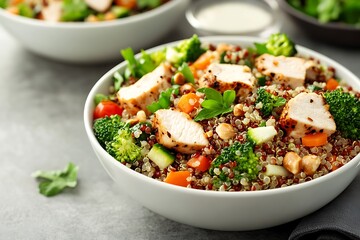Healthy chicken salad with quinoa in a bowl