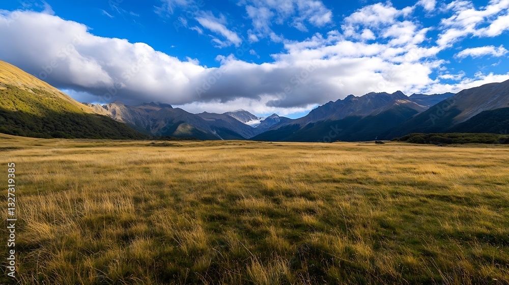 Aufkleber expansive grassy field framed by majestic mountains under a bright blue sky with clouds : generative