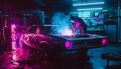 Welding Classic Car in Garage with Neon Lights and Sparks