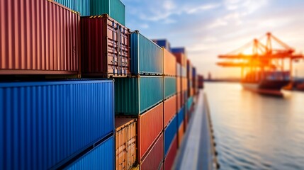 Fototapeta premium Colorful shipping containers stacked at a port near sunset with a vibrant sky reflecting on the water : Generative AI