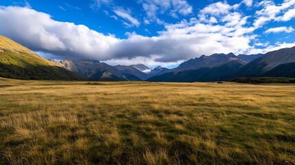 Expansive grassy field framed by majestic mountains under a bright blue sky with clouds : Generative AI