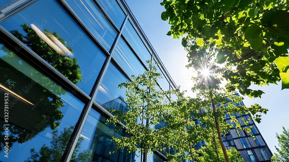 Poster modern glass building reflecting nature with sunlight and trees on a clear sunny day : generative ai