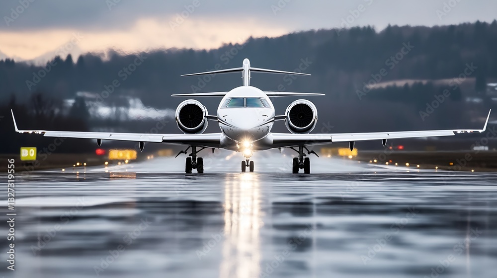 Poster private jet landing on a runway with glowing lights during a cloudy sunset : generative ai