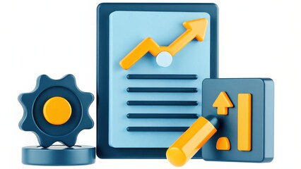 Obraz premium 3D Render of Blue and Orange Gears Documents and Upward Arrow