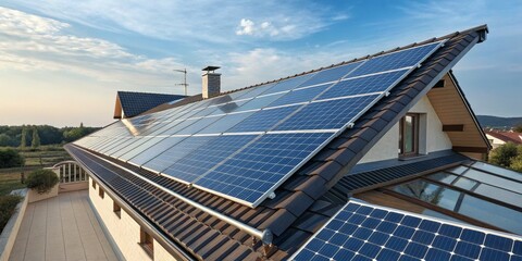 House Roof with Solar Panels, Renewable energy ,Green Power