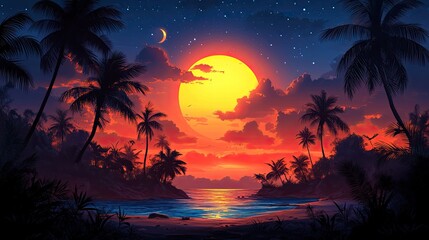 Tropical island sunset seascape, vibrant colors, serene view, digital art, background, stock photo
