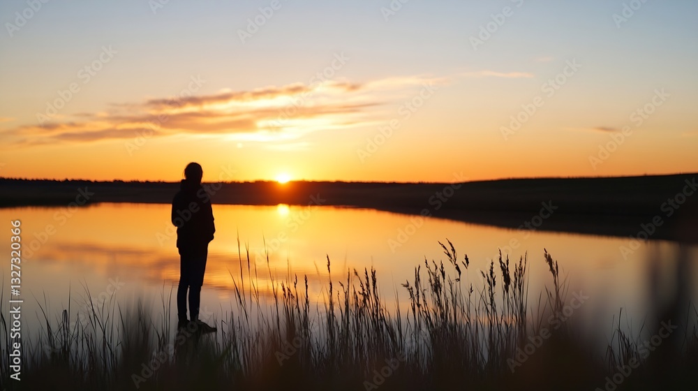Poster silhouette of a person standing by a lake during sunset with beautiful colorful sky and serene refle