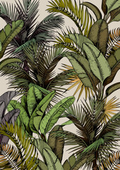 Fototapeta premium Art print with tropical green leaves and palm trees. Hawaiian style botanical background. Hand drawn vector illustration.