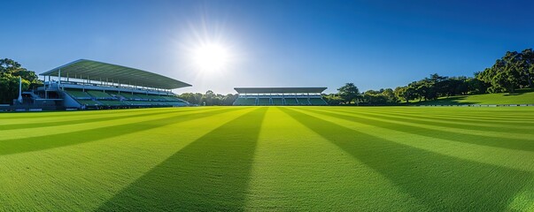  A wide-angle view of the green grass at Hagley Park, a cricket stadium in New Zealand, under a clear blue sky. 
