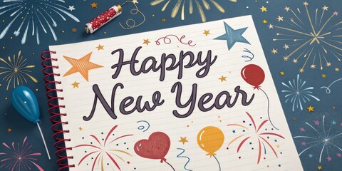 Happy New Year Notebook with Balloons and Confetti, Celebration , Wishes