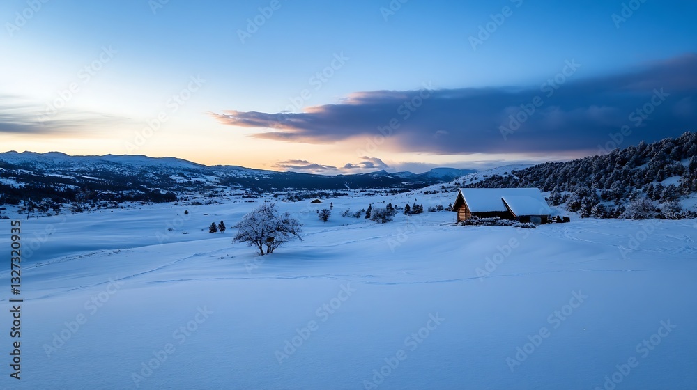 Poster Charming snowcovered landscape with a rustic cabin and dramatic sky at dusk : Generative AI