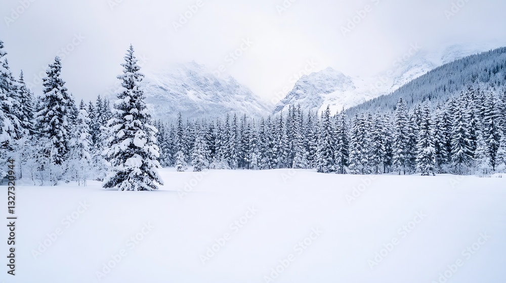 Poster beautiful winter forest landscape blanketed in fresh snow with evergreen trees and mountains in the 