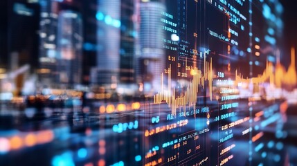 Abstract digital financial data display with vibrant graphs and glowing city backdrop during night : Generative AI