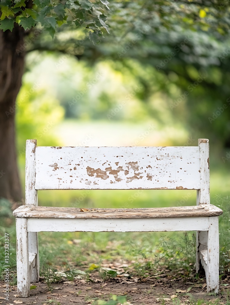 Poster weathered white bench surrounded by greenery in a serene outdoor park setting for relaxation : gener