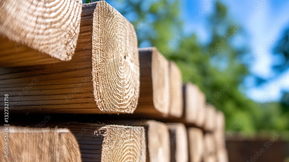 Poster stack of freshly cut wooden logs showcasing natural texture and detailed grain patterns in sunlight 