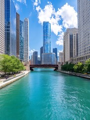 Obraz premium Stunning Cityscape View of River Surrounded by Skyscrapers on a Bright Sunny Day : Generative AI