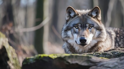 Closeup portrait of a powerful wolf gazing intently in a natural woodland environment : Generative AI