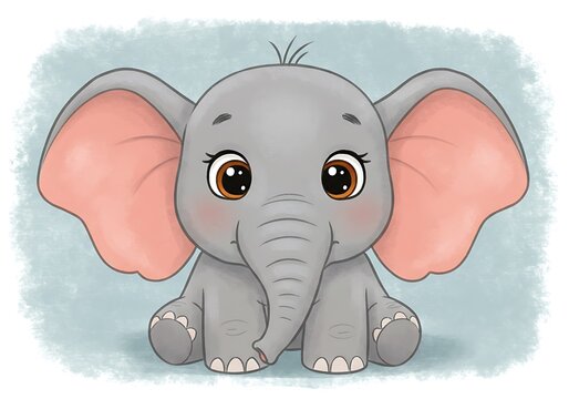 Cartoon Elephant Sitting with Big Eyes and Ears Illustration