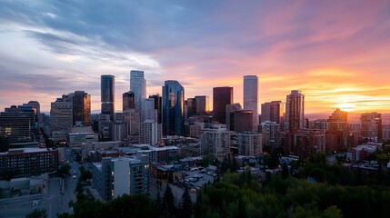Obraz premium City skyline silhouette during sunset showcasing modern buildings and dramatic clouds above urban landscape : Generative AI